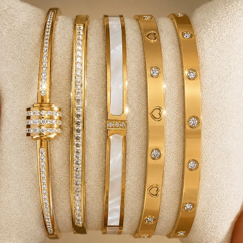 Stainless Steel Gold Plated Bangle Bracelet Set Women 5 Pcs CZ White Shell Stackable Fashion Jewelry Christmas New Year Gift
