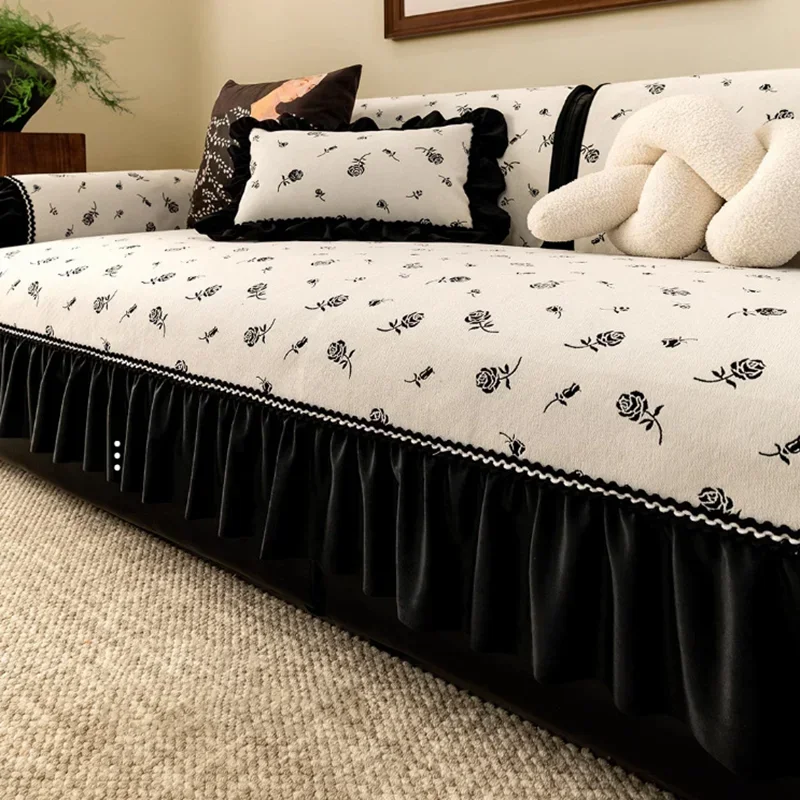 European Floral Print Sofa Cover with Skirt Hem Soft Chenille Sofa Cushion for All Seasons Anti Slip Dustproof Protective Cover