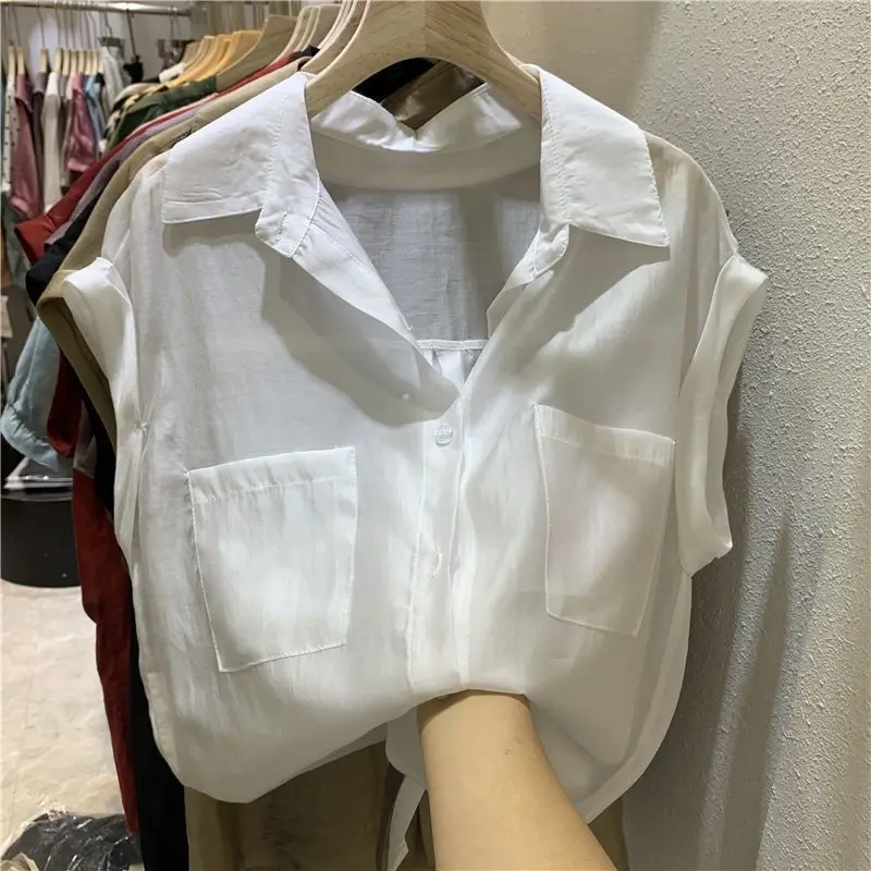 New Pocket Patchwork Loose Blouse Summer Short Sleeve Polo Neck Solid Color Elegant Shirt Tops Fashion Casual Women Clothing