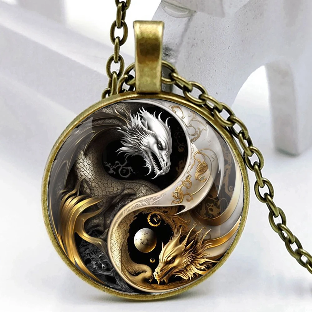 Yin and Yang Dragon Fashion Pendant Necklace Pendants Glass Dome Jewelry Accessories for Women Men Personality Gift