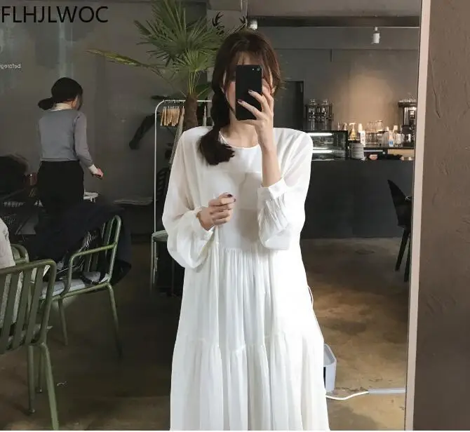 2020 primavera Lungo Maxi Vestiti Delle Donne di Stile Giapponese Coreano Increspato Chiffon fata Vintage Abito Bianco 3102