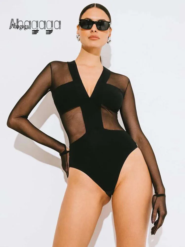 Ahagaga Fashion Sexy Mesh Patchwork Bodysuits Solid See Through V-neck Long Sleeve With Gloves Slim Sheath Rompers Casual Tops