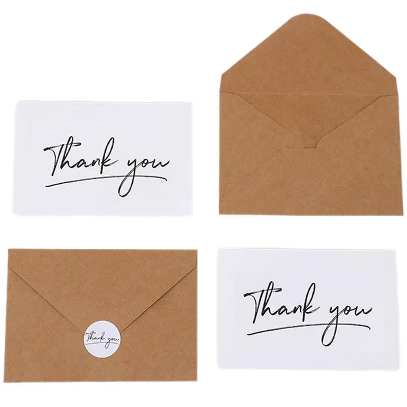 50Pcs/Set Thank You Greeting Card Note Message Cards Small Business Appreciation Card with Kraft Envelope & Sticker Party Favors