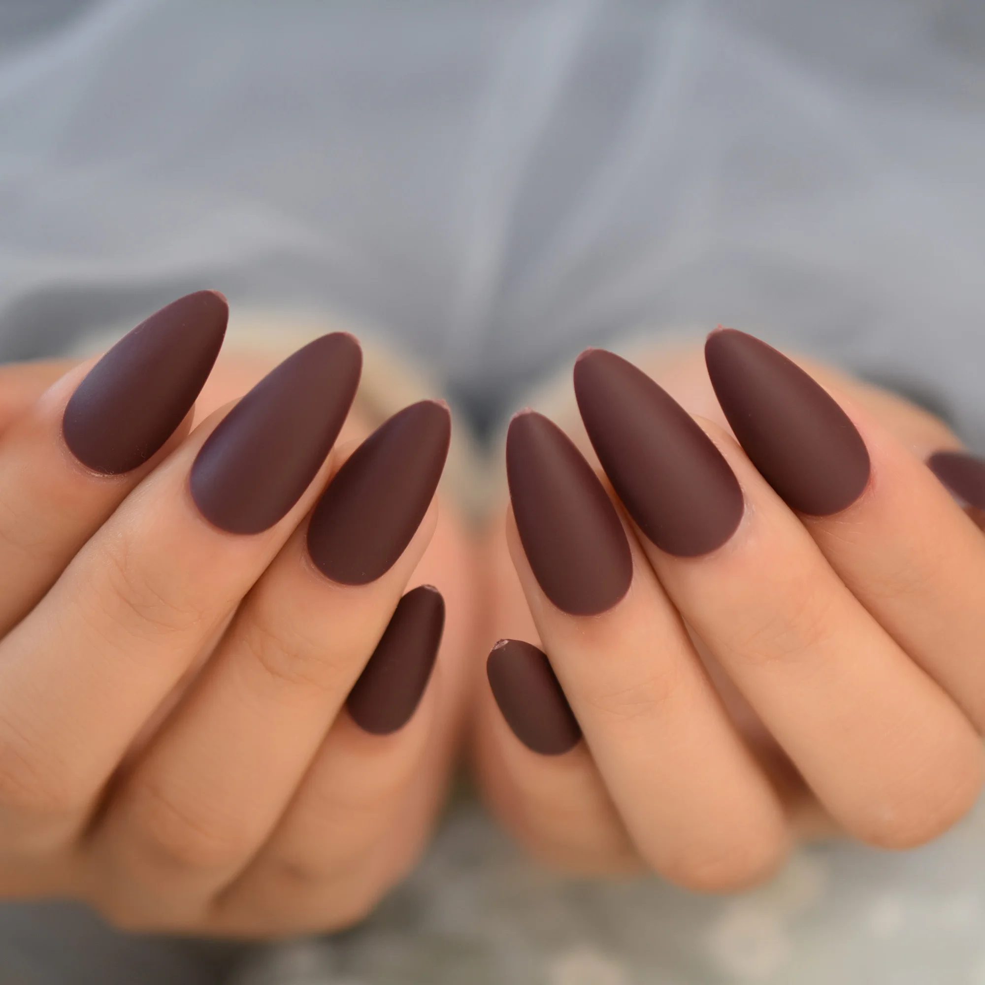 Matte Almond Pointed Top Frosted Press on 24pcs Solid Coffe Brown Color Full Cover Acrylic Stiletto Shaped False Nail Tips