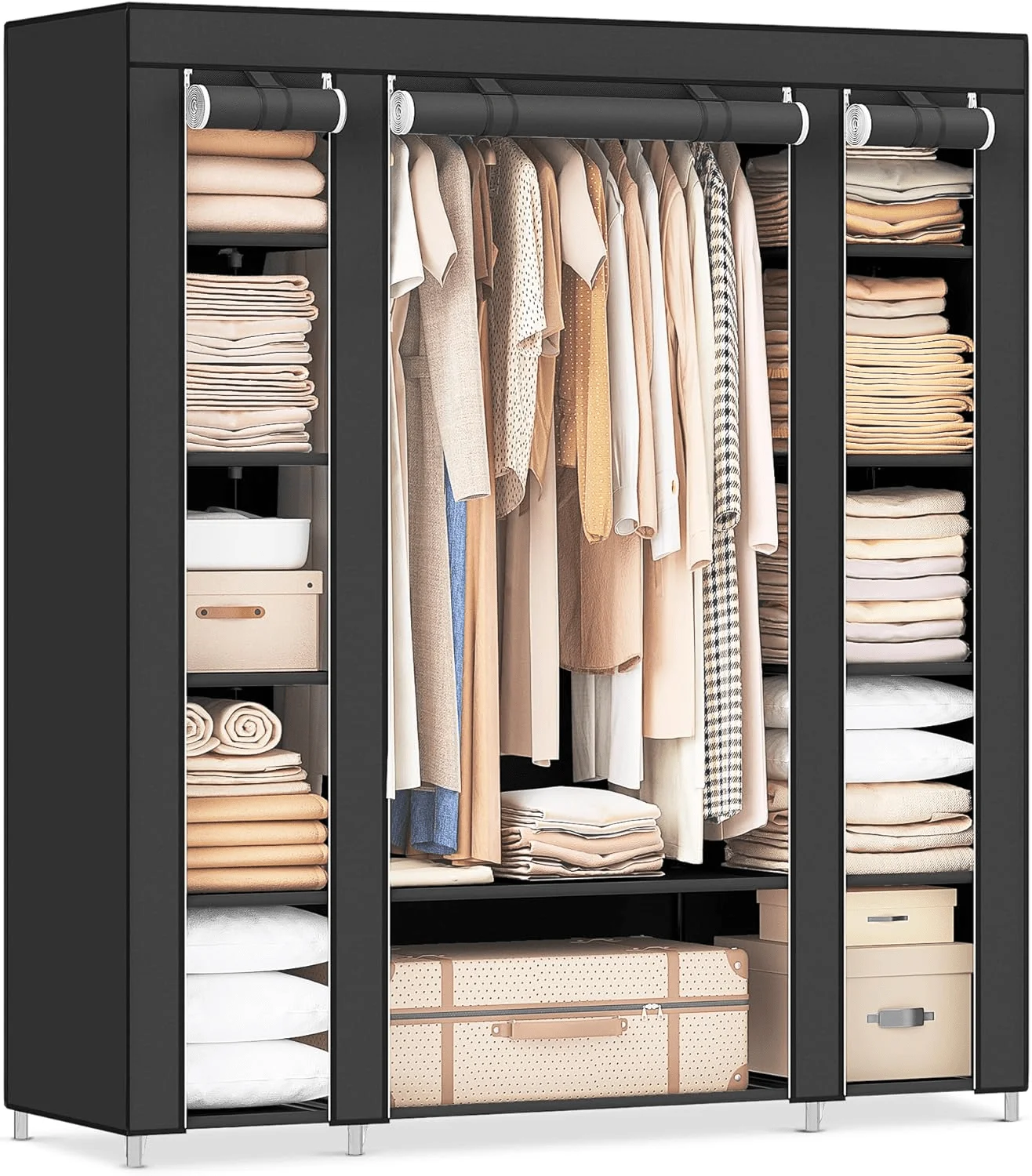 

71" Portable Wardrobe, Freestanding Wardrobe With Non-Woven Fabric, Closet Storage Organizer With 8 Shelves And 3 Clothes Rails
