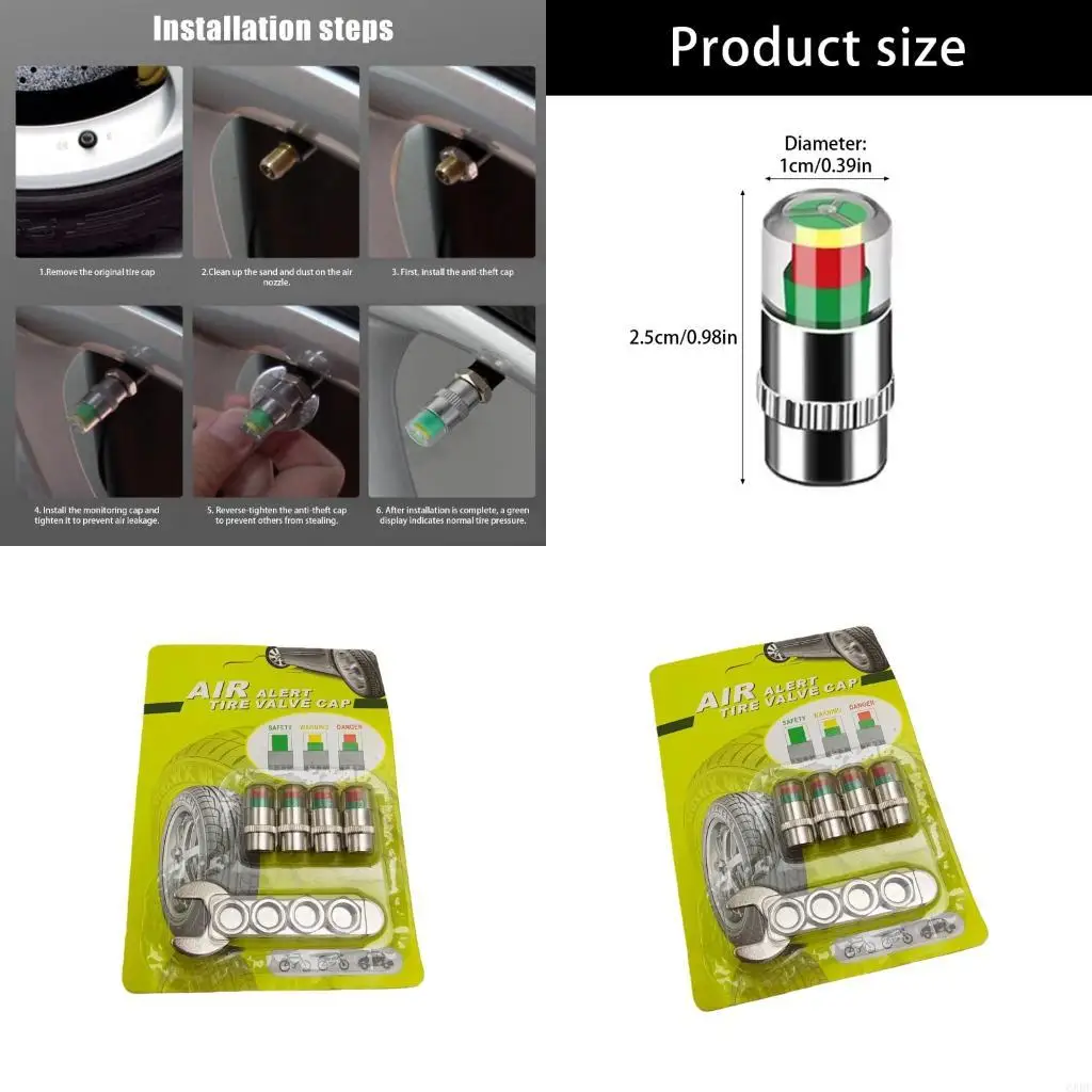 6XDF Universal Tire Pressure Warning Caps Color Changing Valves Stems Caps
