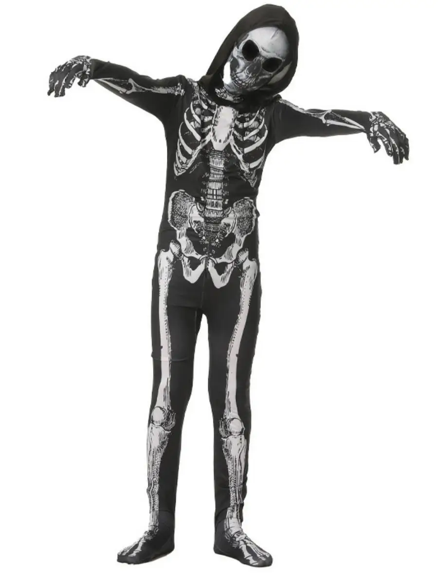 New loween Skeleton Costume Children's Tight-Fitting One-Piece Death Terror Skeleton Role-Plang Clothing Polyester