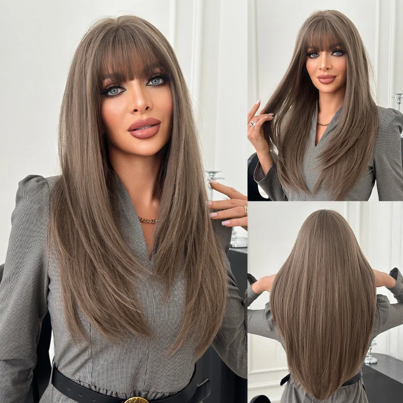 Nueva peluca completa de alta calidad para uso diario, color marrón té, con capas, cabello liso con puntas hacia adentro y flequillo cuidado.