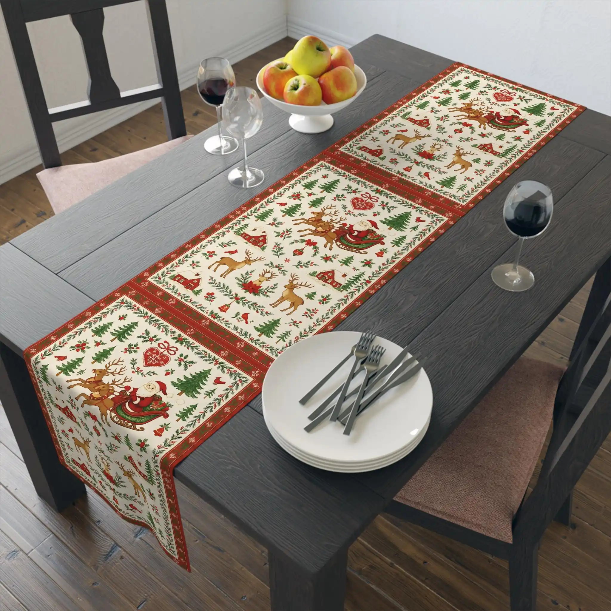 Nordic Reindeer Santa Sleigh Christmas Table Runner, Woodland Folk Art Winter Holiday Kitchen Dining Table Scarf Decor