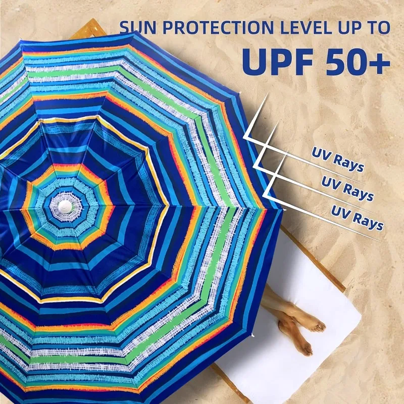 8FT Large Beach Umbrella with sand anchor, Heavy Duty High Wind Portable Outdoor Umbrellas with UPF50+ UV Protection