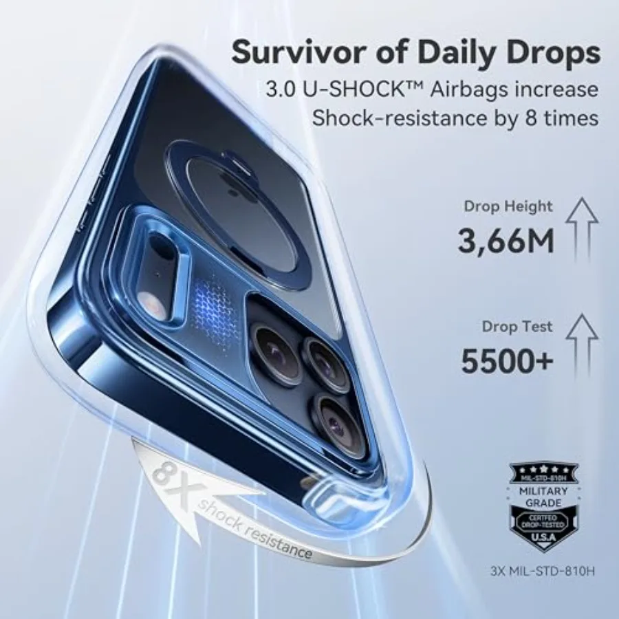 Custodia con supporto magnetico Spin 360 dal design lucido blu intenso per iPhone 17 Pro con compatibilità MagSafe e protezione militare da 17 piedi