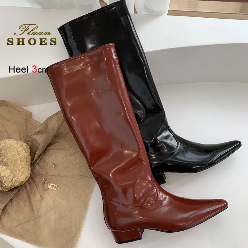

2025 New Autumn Winter Black Women's Knight Boots Pointed Toe Fashion Knee-High Boots Thick Low Heels 3cm Long Boots Party Shoes