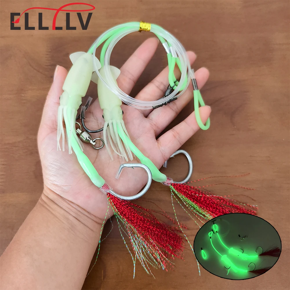 

Ellllv Deep Sea Fishing 4 Hooks Rig with Strong Nylon Mono Line Luminous Squid Lure Marlin Snapper Tuna Shark Trolling Tackle
