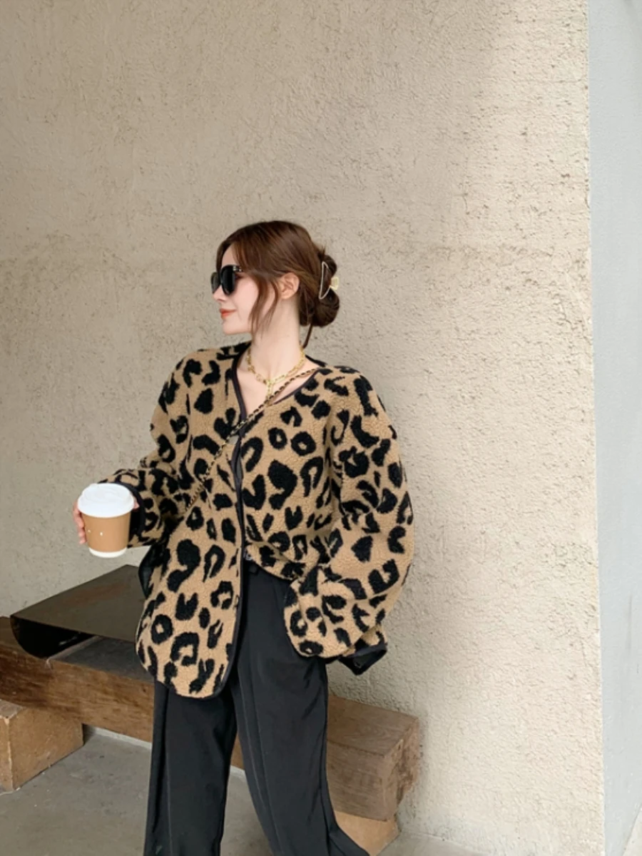 

Шикарное пальто с мехом ягненка, свободное длинное пальто с леопардовым принтом све, женский весенне-осенний топ Street Sle Commute Ele Lady, прямой крой