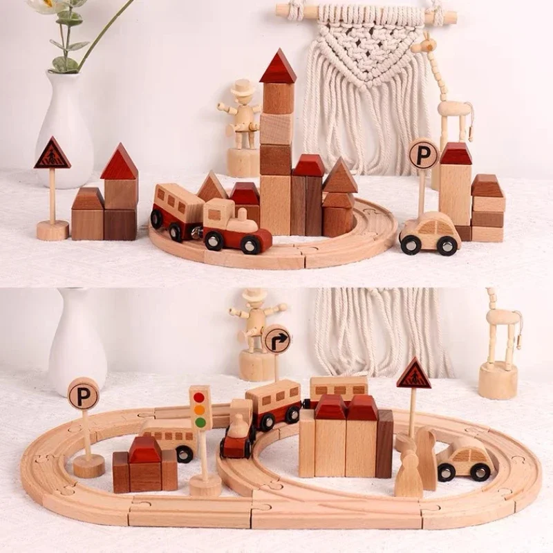 Diy drewniany samochód torowy zabawki dla dzieci prezenty świąteczne Puzzle montaż pociąg zestaw gier Montessori gry planszowe sensoryczne zabawki dla dzieci konstruktor