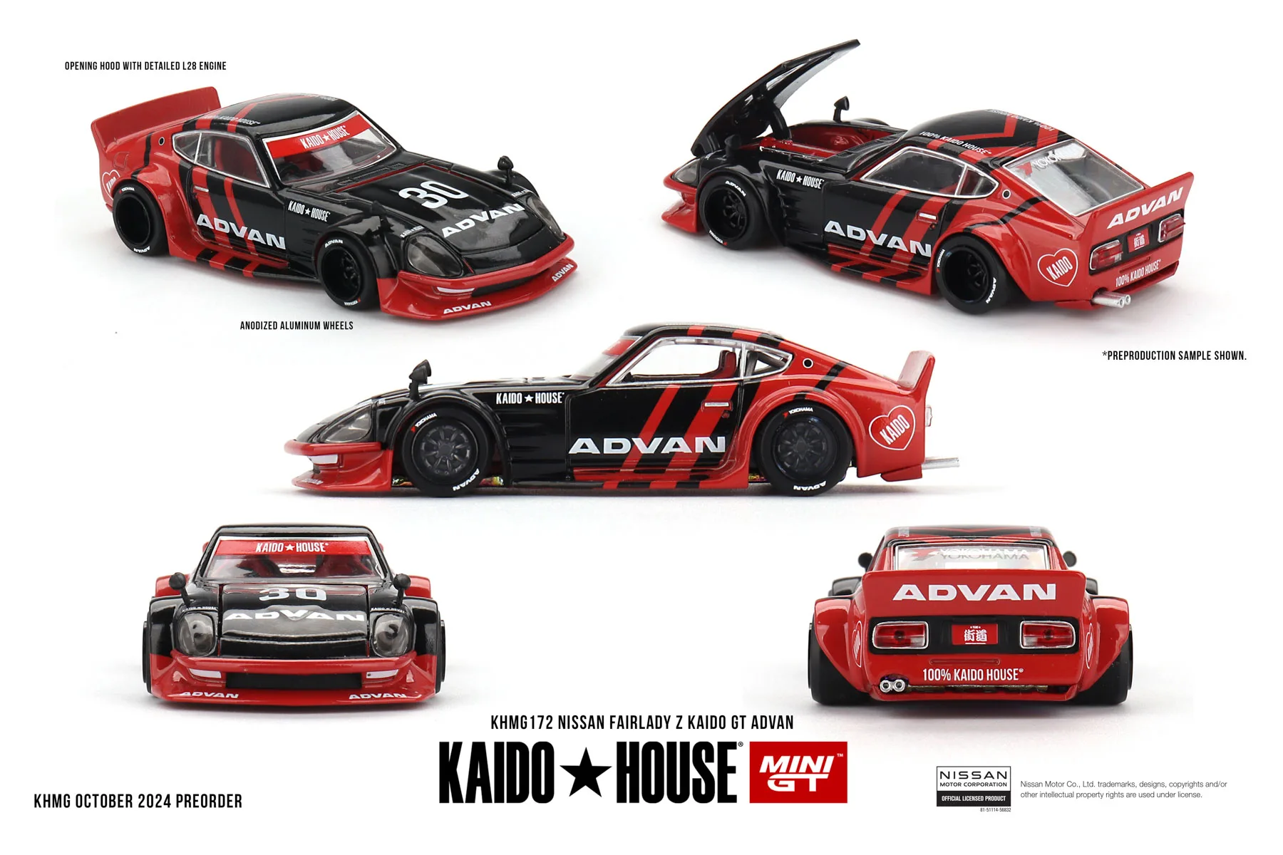 

Kaido House + MINIGT Fairlady Z Kaido GT ADVAN 172 Литая под давлением модель автомобиля