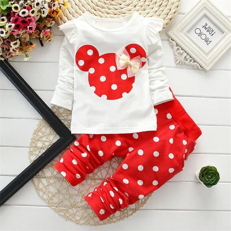 Children\'s Set 0-2 Year Old Pure Cotton Dot Girl\'s Long sleeved T-shirt Long Pants Set Bow Girl Pullover Long Pants Set