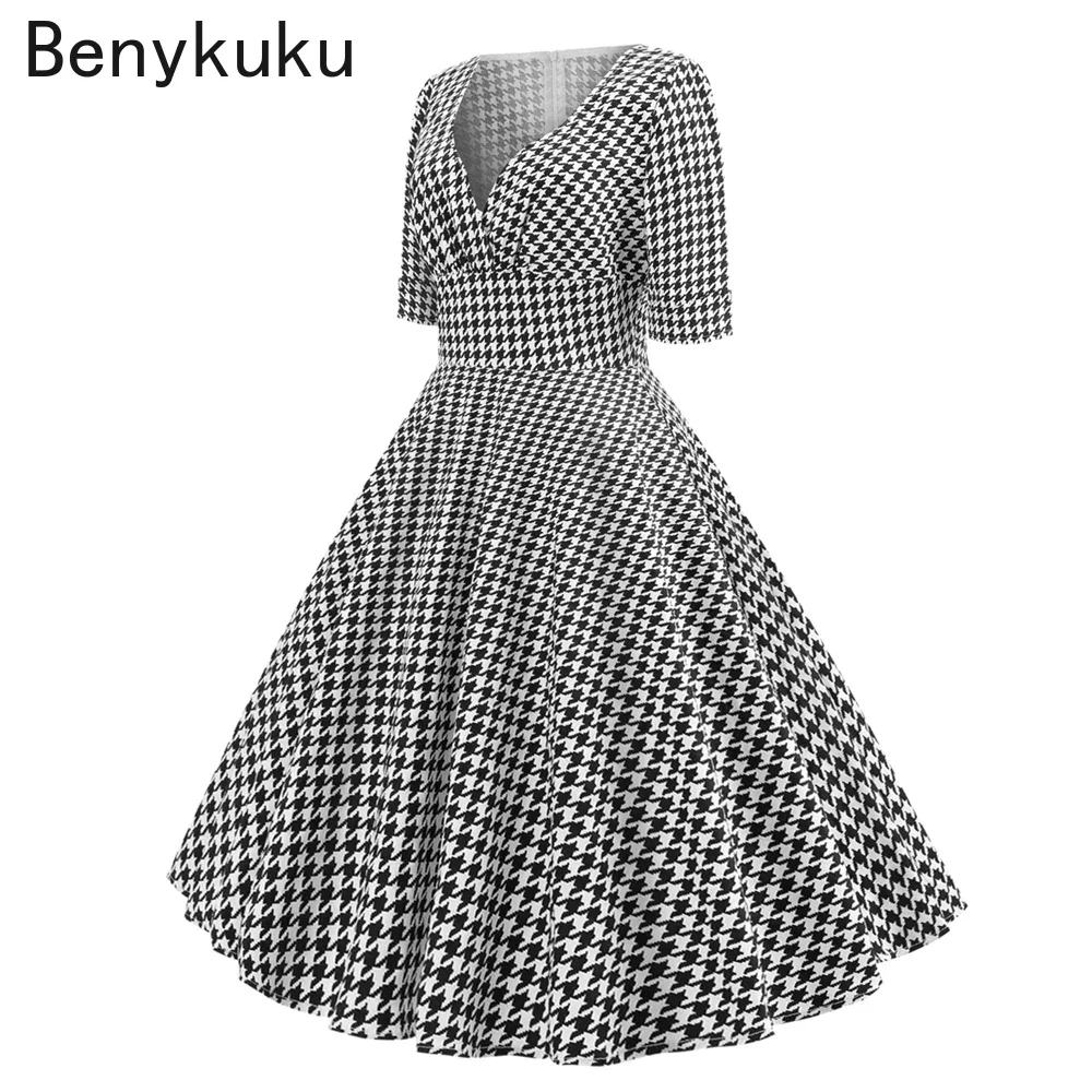 Houndstooth Women Vintage Plaid Dress 2026 Summer Sexy V Neck Half Sleeve Robe Retro Casual Party Rockabilly 50s 60s Swing Dress - view 3