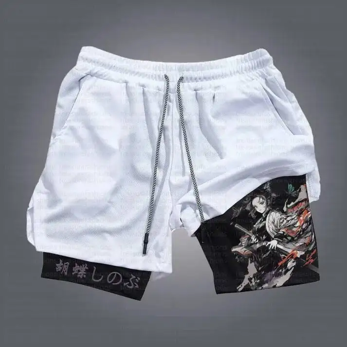 Demon Slayer Kimetsu No Yaiba – short de course 2 en 1 pour hommes, short d'entraînement Double couche à séchage rapide pour l'entraînement physique en salle de sport