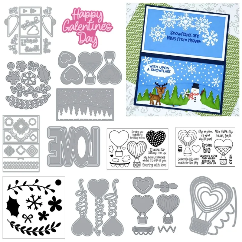 Winter Scene Heart Notecard Love  Hot Air Balloon Metal Cutting Dies Silicone Stamps Scrapbooking Stencil Photo Album Card DIY