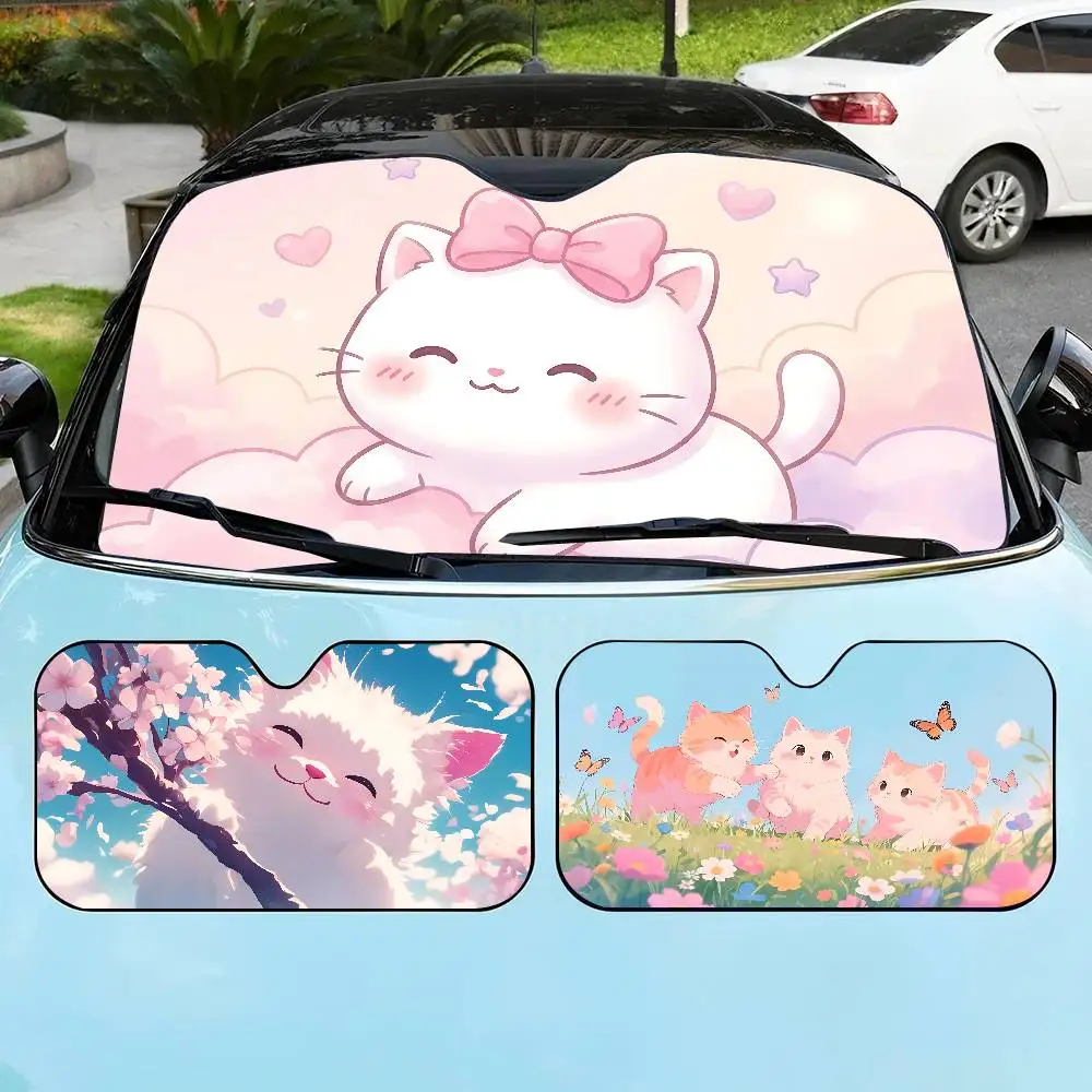 Adorable Pink Cat Car Solar Protection Heated Windshield Sunshade Car Window Windscreen Cover Sun Shade Auto Sun Visor