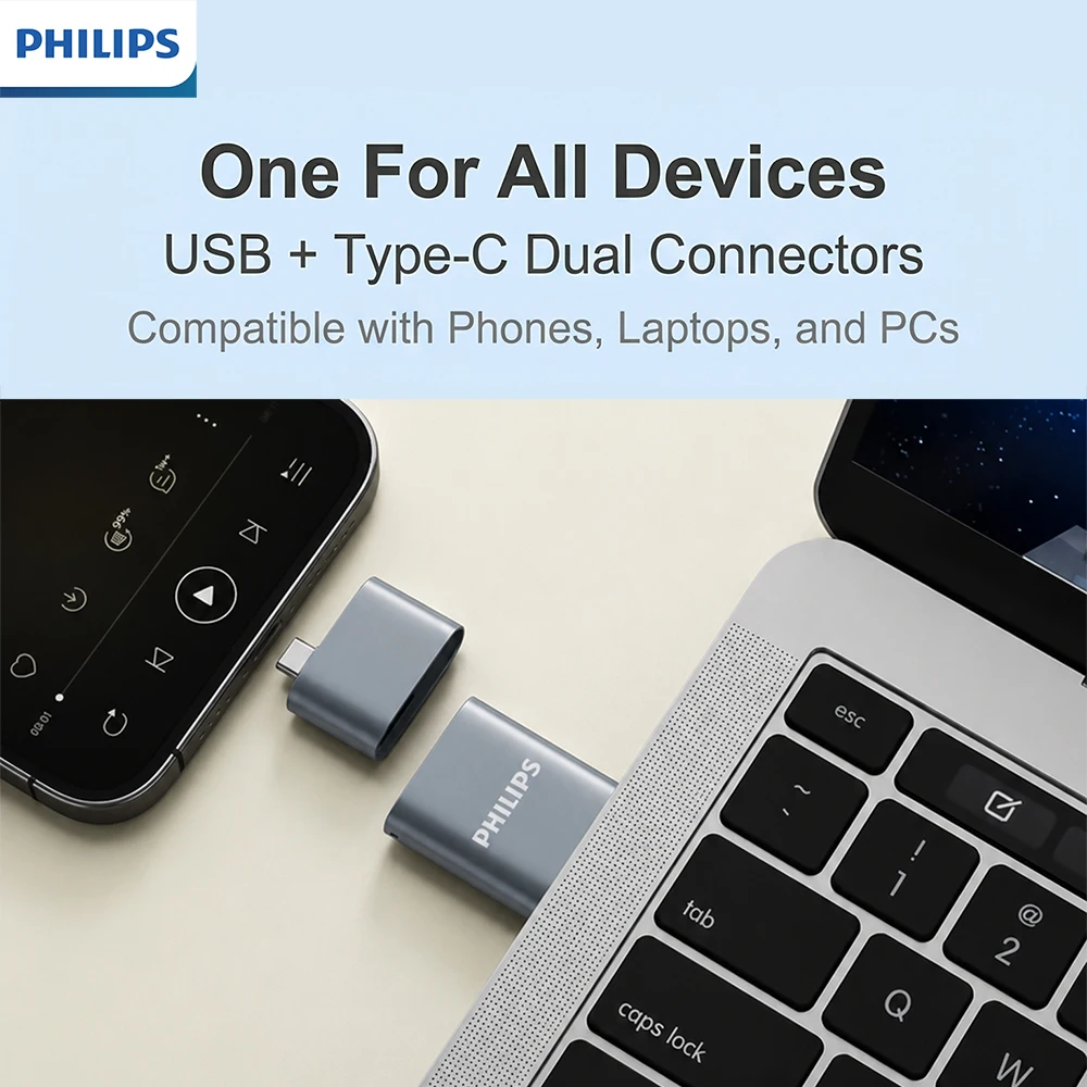 Philips USB Type C Dual Port Card Reader USB3.1 Fast Reading Portable Metal OTG Memory Card Reader For Mobile Phone Computer