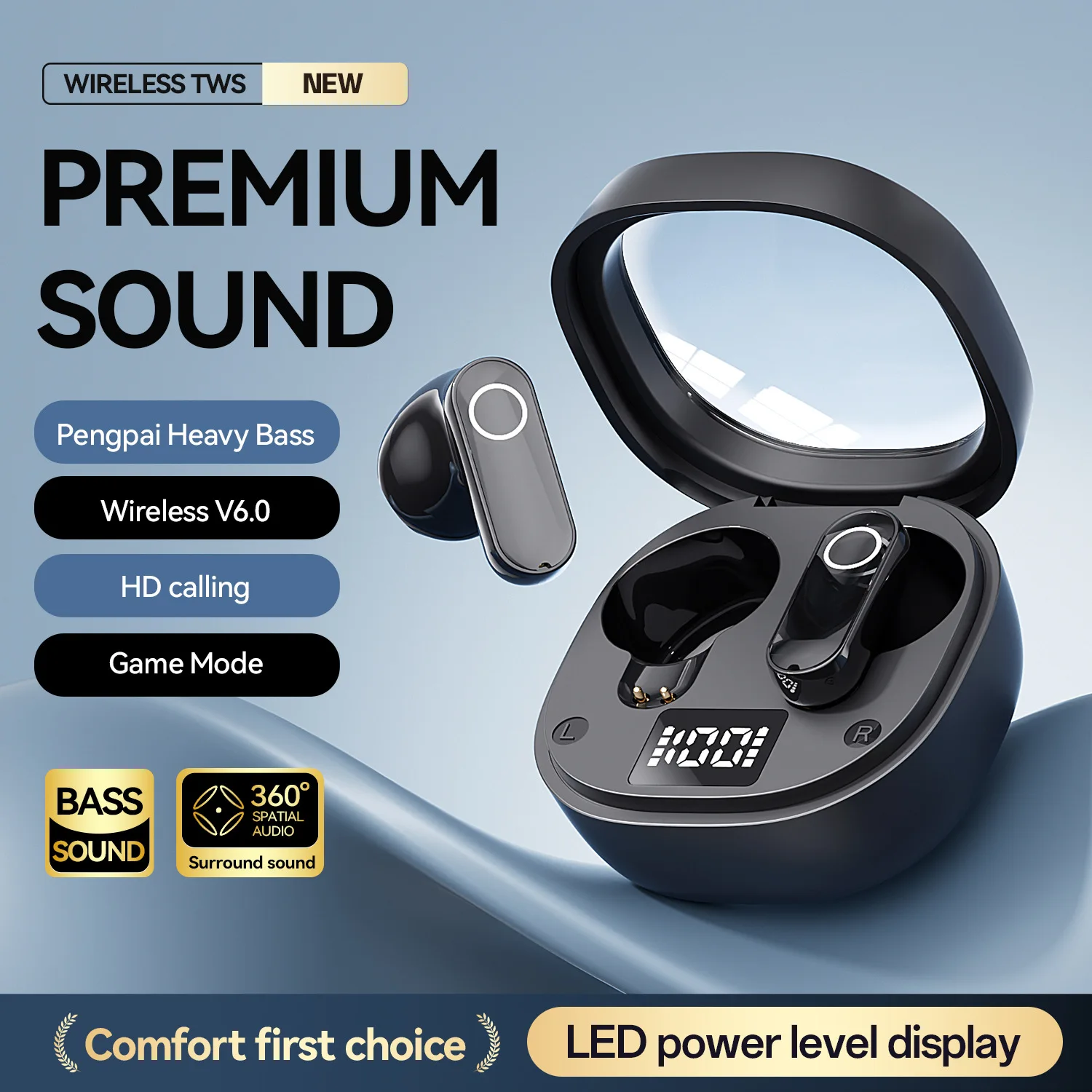 New semi in ear wireless Bluetooth earphones with high aesthetic value, digital display, transparent charging case