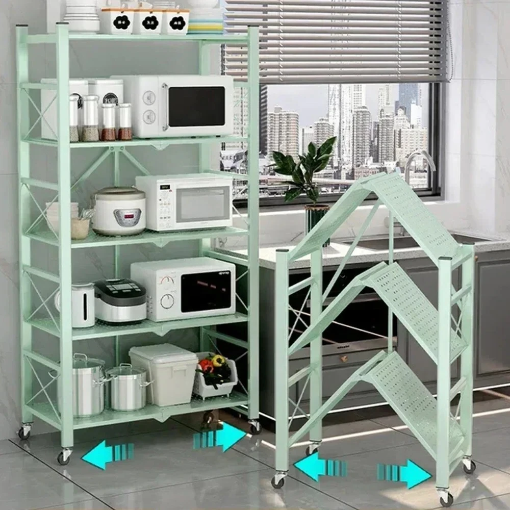 Iron Kitchen Storage Racks Folding Storage Rack Foldable Display Shelf with Wheels  Installation-free Living Room Storage Rack