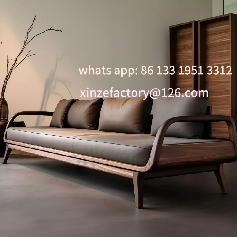 

Customizable Modern Light Luxury Black Walnut Leather Sofa Minimalist Solid Wood Furniture