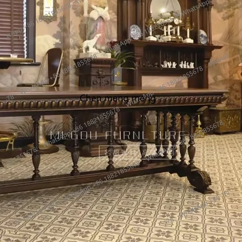 

E153 French solid wood dining table combination retro old color carved dining table chairs banquet table medieval furniture