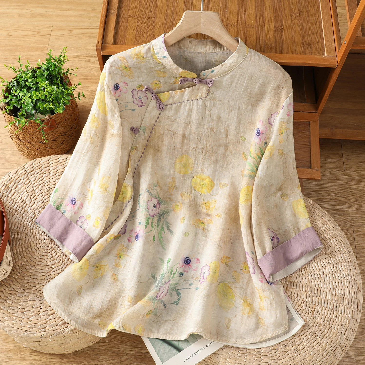 

Новая китайская блузка из льна с вышивкой и принтом, больших размеров, женская, с косыми пуговицами, воротником-стойкой, рукавом 3/4, в стиле костюма для чаепития