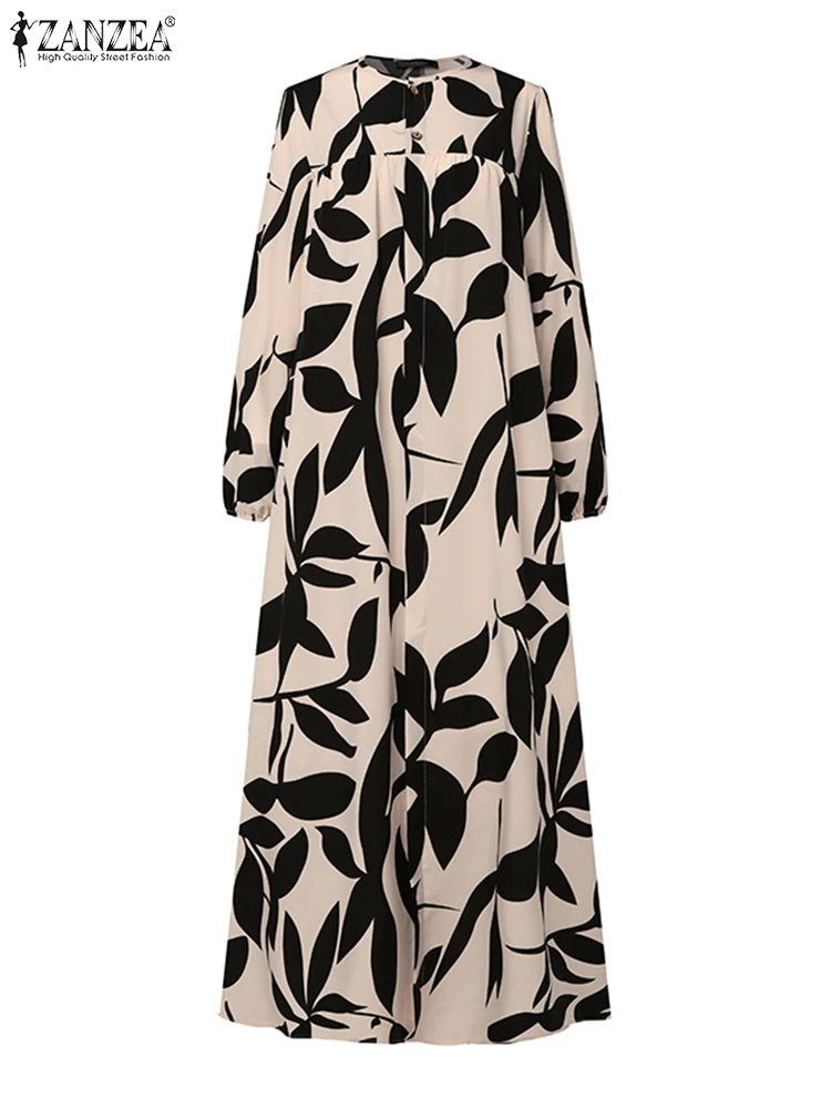 

ZANZEA Women Islamic Abaya Robes Ruffled All-Over Printed Long Sleeve Muslim Fashion A-line Vestidos O Neck Casual Maxi Dress