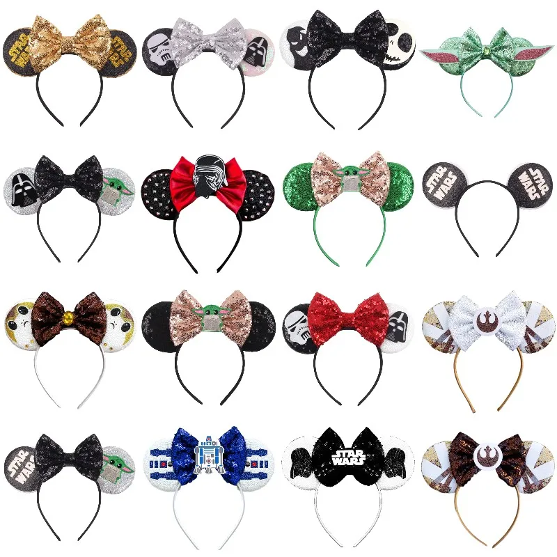 

New Disney Star Wars Headbands Women Master Yoda Hair Accessories For Girl Sequins Bow Darth Vader Headwear Kids C-3PO Hairbands