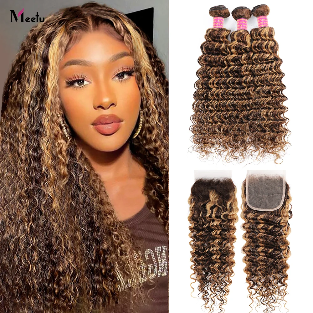 

Meetu Highlight Bundles With Closure Brazilian Hair Weave Bundles With Lace Closure Honey Blonde Deep Wave Bundles With Closure