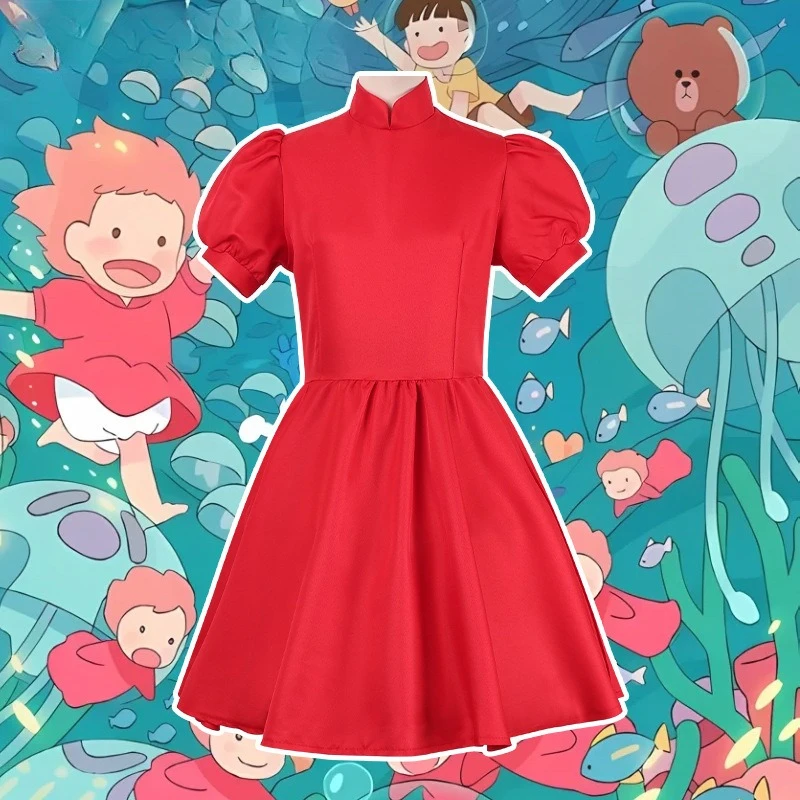 

On The Cliff Stand Collar Red Dress Anime Ponyo Cosplay Costume Halloween Kawaii Dress Adult Kid Party Roleplay Carnival Suit