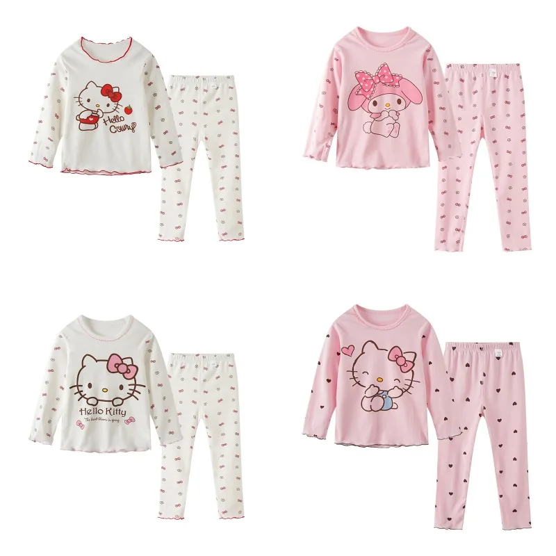 Hello Kitty Baby Cotton Set Sanrio Kids Pajamas Suit Mymelody Clothing Long Sleeve Kids Suit Cute Cartoon Toddler Suit Nightgown