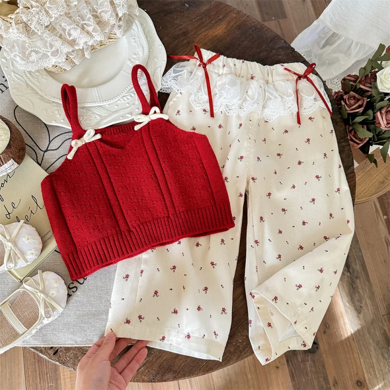 

New Summer Girls' Red Knitted Strap Dress and Lace Trim Floral Pants Two-Piece Set