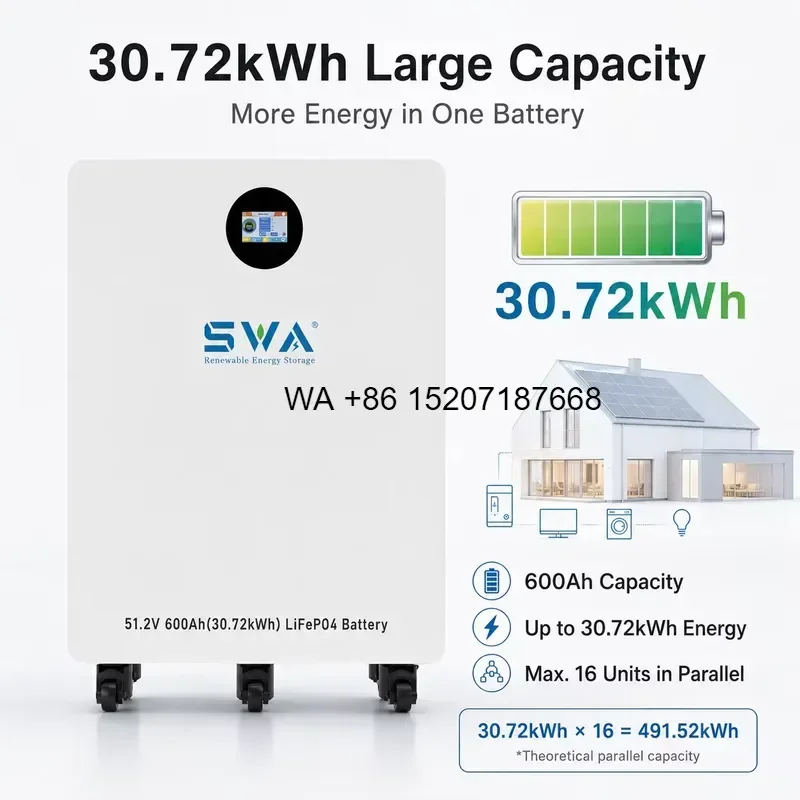Wmwmnu for SWA ENERGY 30kWh 560Ah 51.2V LiFePO4 Solar Battery with Wheels High Density Mobile Home Energy Storage Lithium