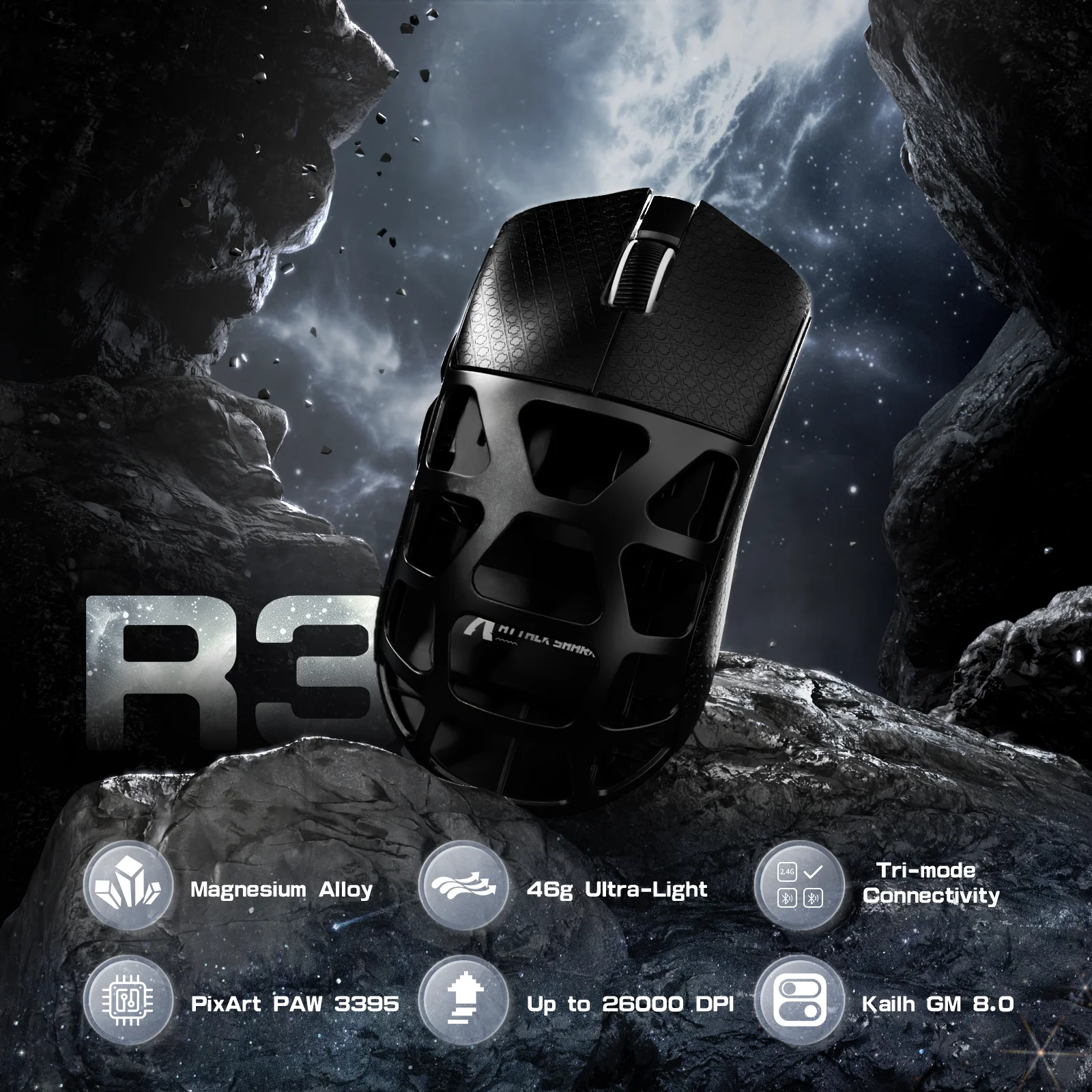 ATTACK SHARK R3 Tri-Mode Wireless Mouse With C06 Coiled Cable Magnesium Alloy 46g Ultra Light PAW3395 8000Hz RGB Gaming Mouse