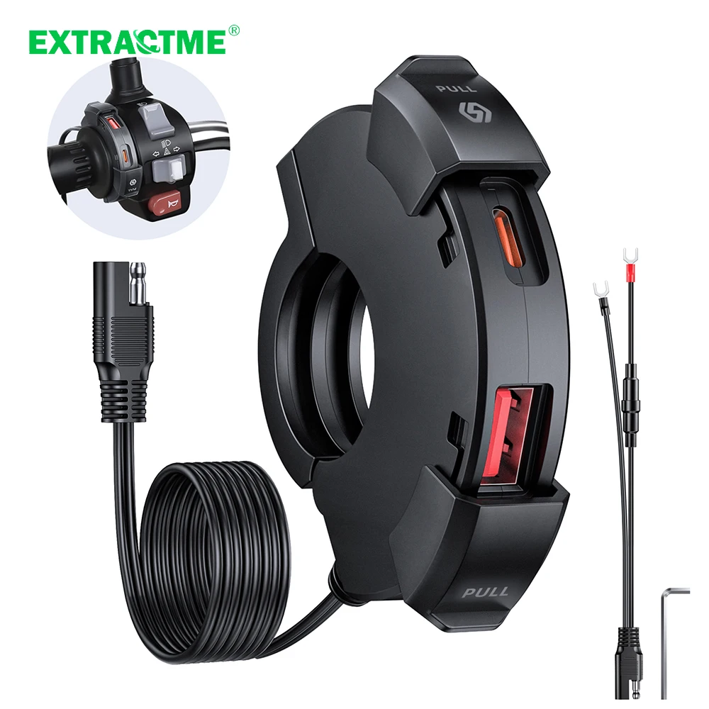 Extractme QC3.0 Motorcycle USB Charger 30W USB Fast Charger Waterproof Handlebar Mounting Bracket Charger for Bike Digital Camer