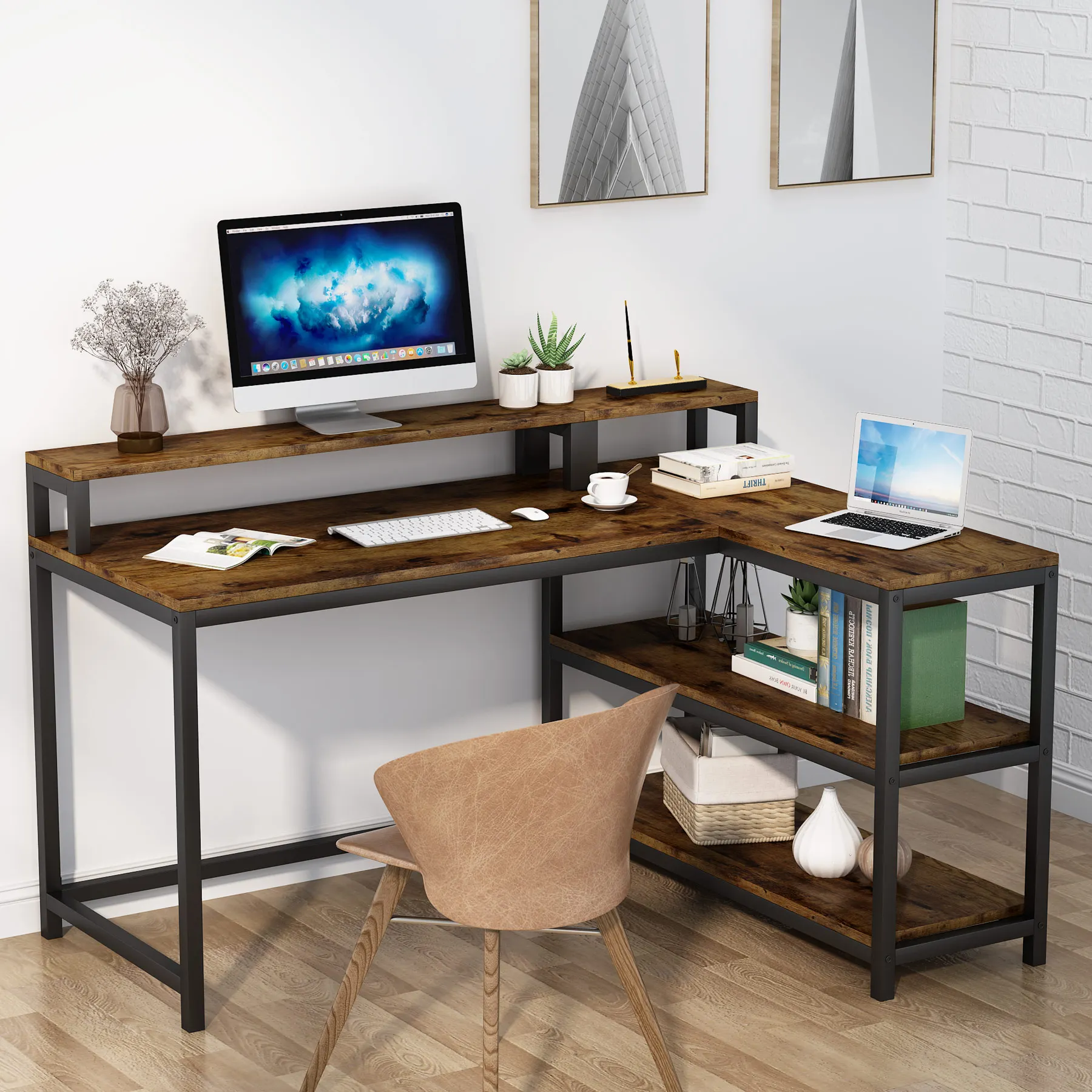 Tribesigns Computer Desk,Corner Desk With Monitor Stand, L-Shaped Writing Workstation with 3 Shelves for Home Office