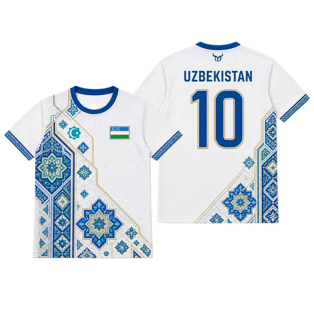 Uzbekistan Football Jersey Summer Sports Breathable Quick-drying Short Sleeve T-shirt 3D Uzbek Floral Tile Pattern Unisex Tops