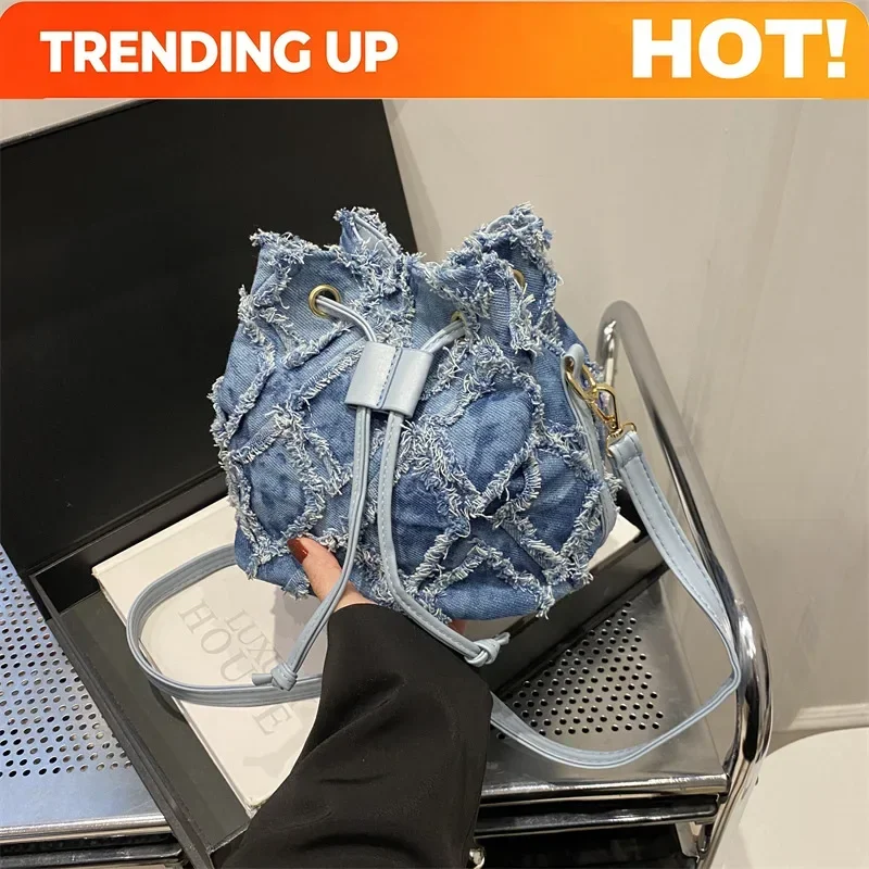 Women's New Casual Tie Dye Denim Bag, Fashionable And Versatile Bucket Bag, Niche Commuting Large Capacity Crossbody Bags