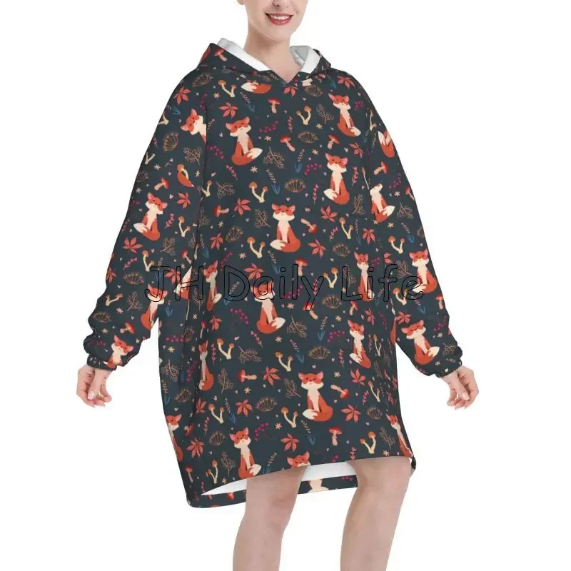 Cute Fox Mushroom Wearable Blanket Hoodie Women Oversized Flannel Sweatshirt Pullover Girls Soft Warm Lightweight Fleece Blanket