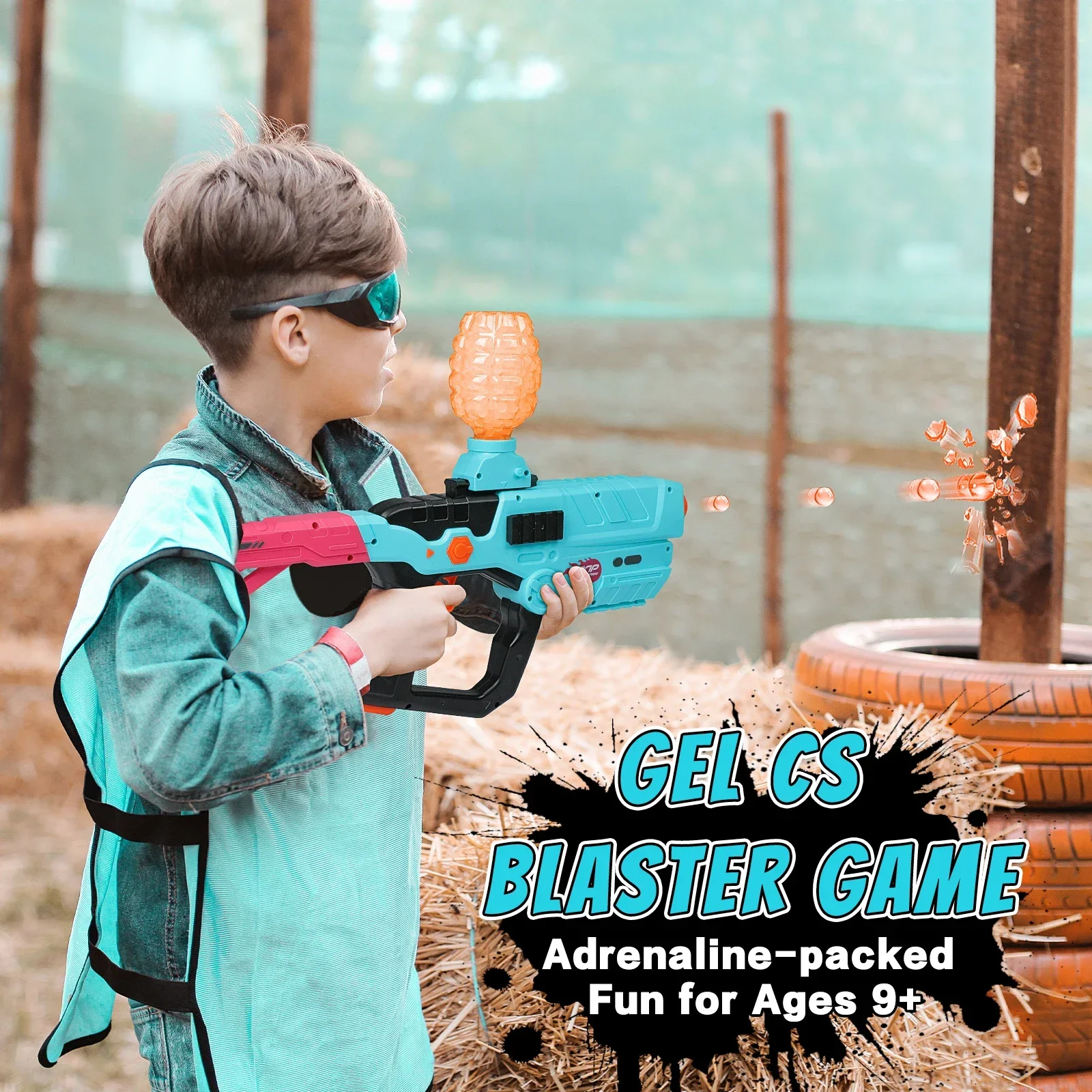 Pistola blaster de bola de gel, funil de 500 capacidades, cabo de recarga USB e óculos, brinquedo blaster de bola de respingos elétrico para exterior