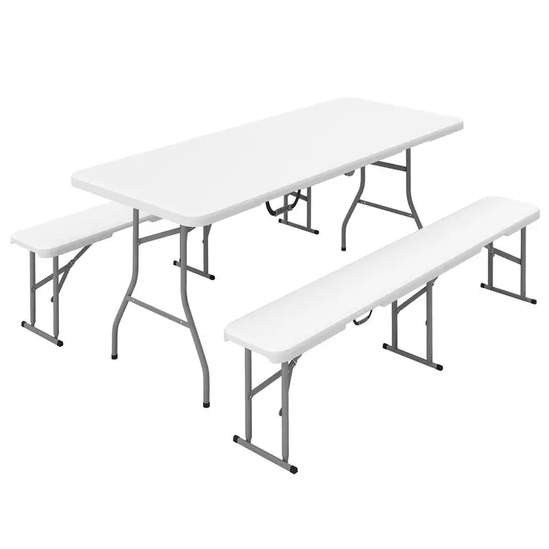

Outsunny 6FT 3 PCS Portable Camping Table and Chairs, Folding Picnic Table Bench Set with Carrying Handles for BBQ, Party, White