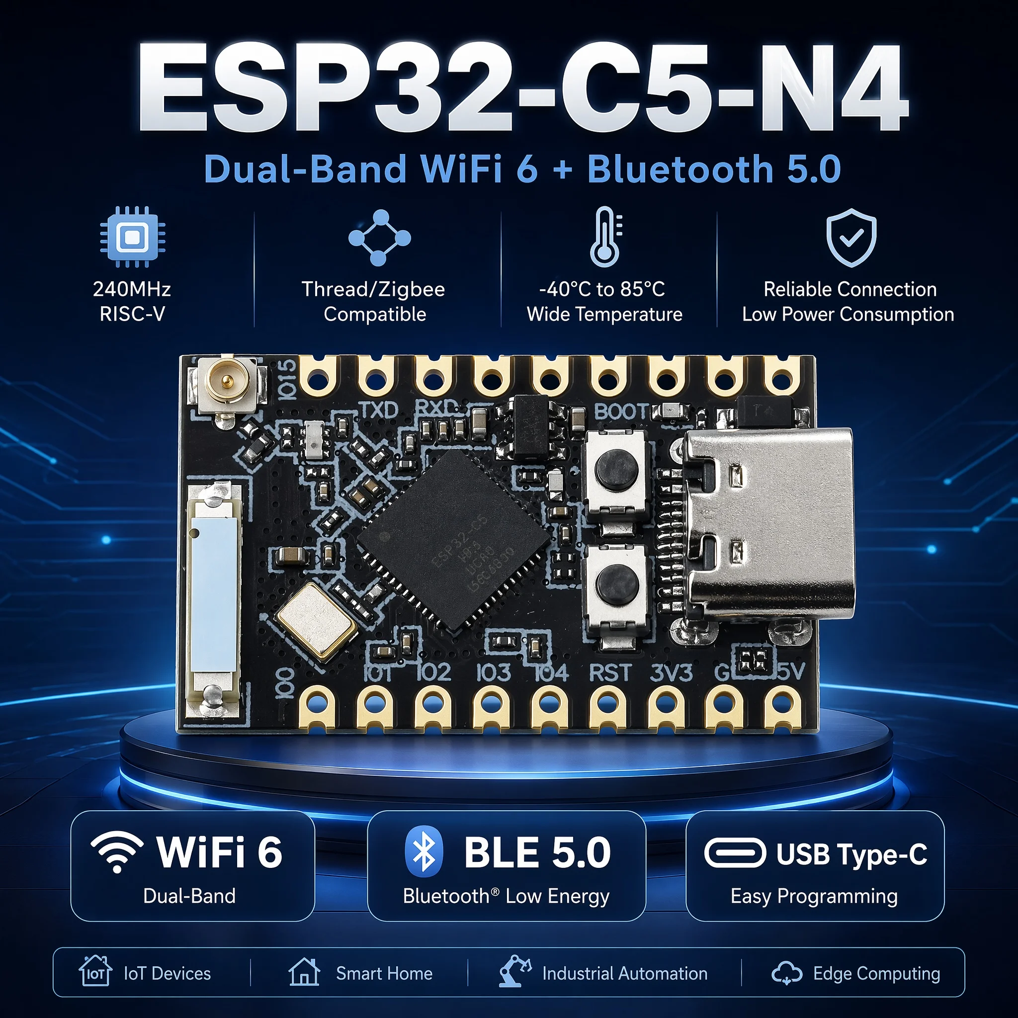 ESP32-C5-N4 Wireless IoT Board RISC-V 240MHz Dual Band WiFi6 BT5.0 Type-C With External Antenna For Smart Home Projects