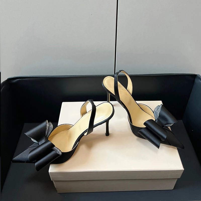 Silk Bow and Diamond High Heels 2024 High Ding New French Elite Pointed Thin Heels Hollow Headed Sandals