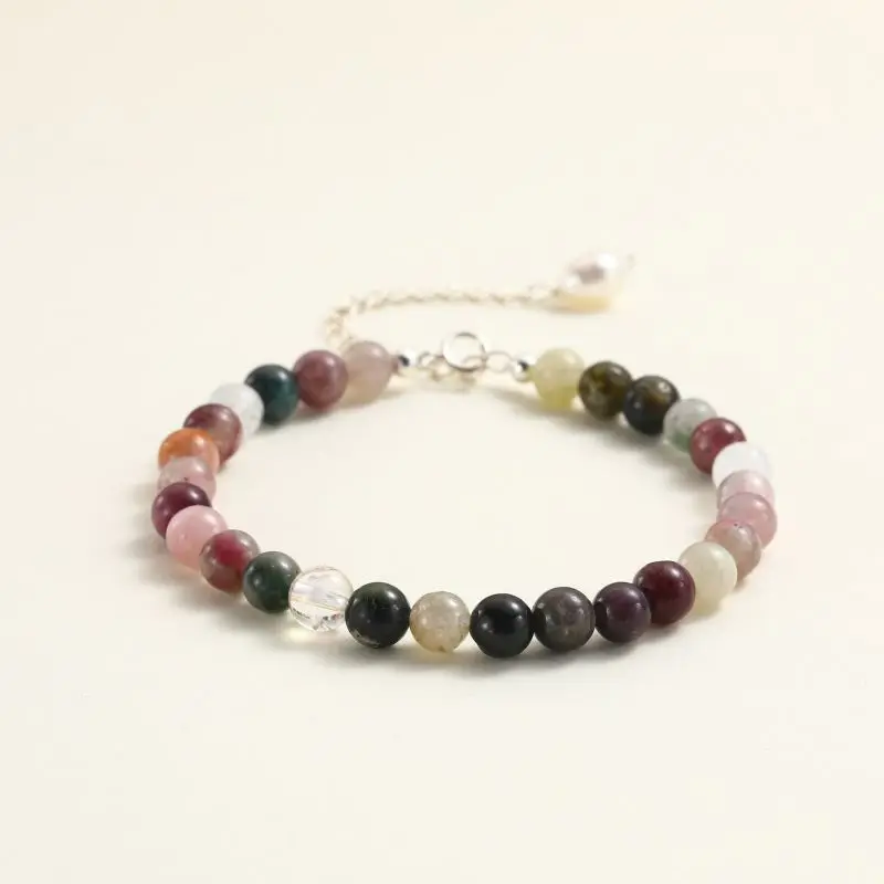 S925 Silver 5-6mm Faceted Tourmaline Bracelet Rainbow Multicolor Gemstones Natural Stones Beaded Freshwater Pearl For Women Girl