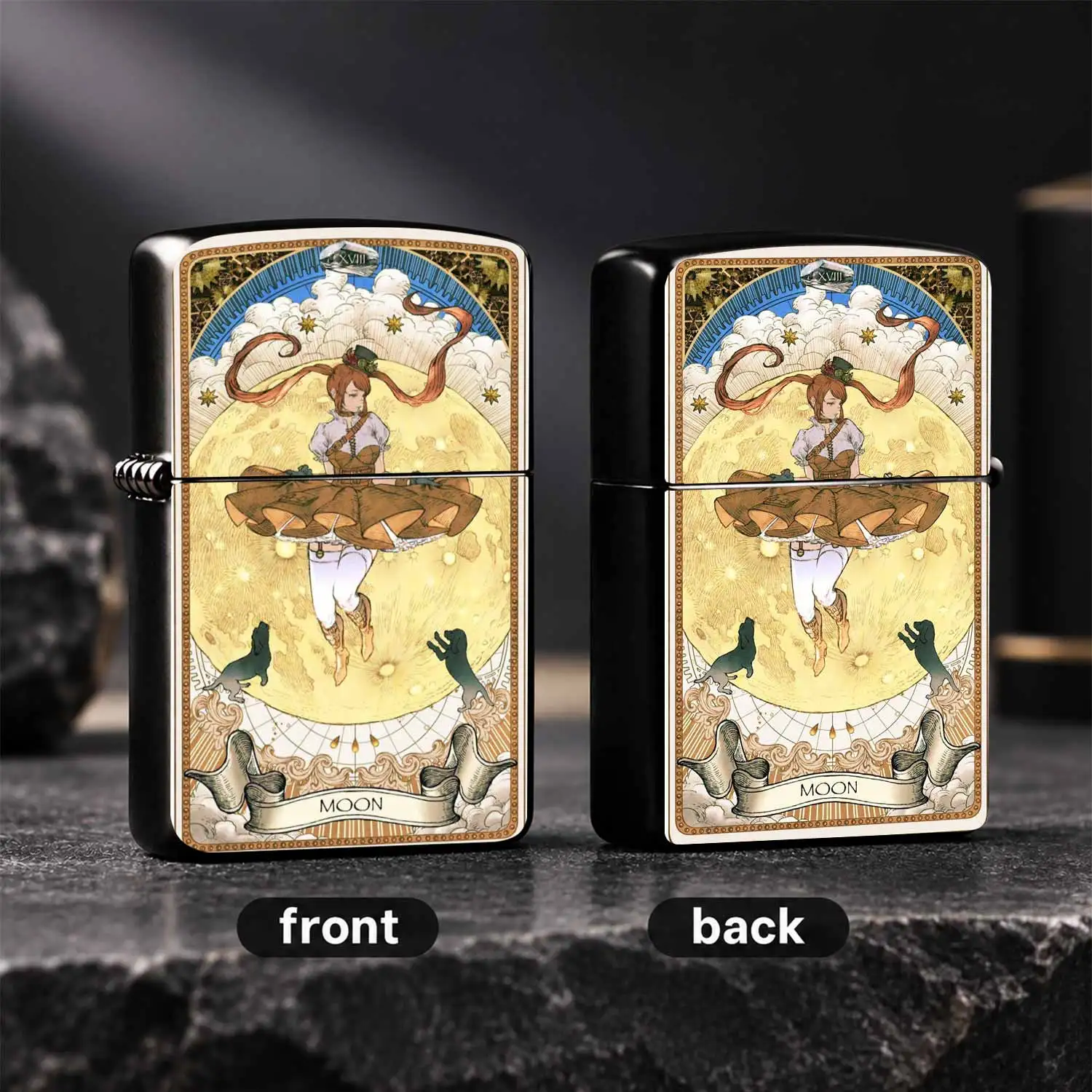 Vintage Steampunk Tarot Themed, Exquisite Color-Printed Moon Art Pattern Creative Windproof, Unique Collectible Decor Ornament, Ideal Gift For Tarot Lovers, Daily Portable Pocket For Men Women Outdoor Use A Fun And Humorous Lighter